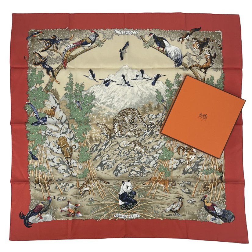Hermes Carre 90 Sichuan Silk Scarf Orange Animal