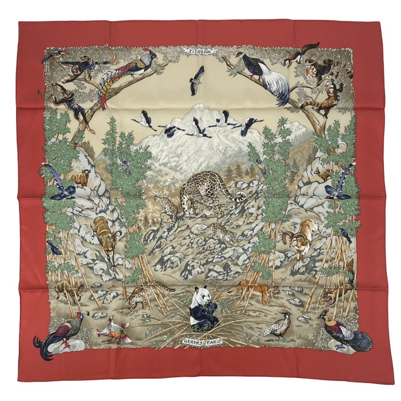Hermes Carre 90 Sichuan Silk Scarf Orange Animal