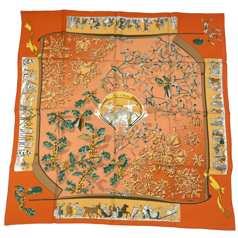 Hermes Carre 90 Neige D'antan Last Year's Snow Silk 100% Scarf Orange