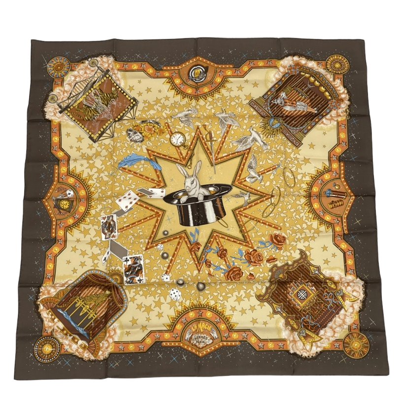Hermes Carre 90 la Magie Magic Rabbit Pigeon Clown Silk Brown Scarf