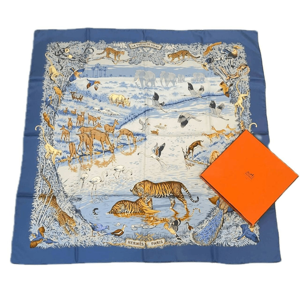 Hermes Super Rare Carre 90 la Treve de L Eau Water Truce Blue Silk 100% Scarf