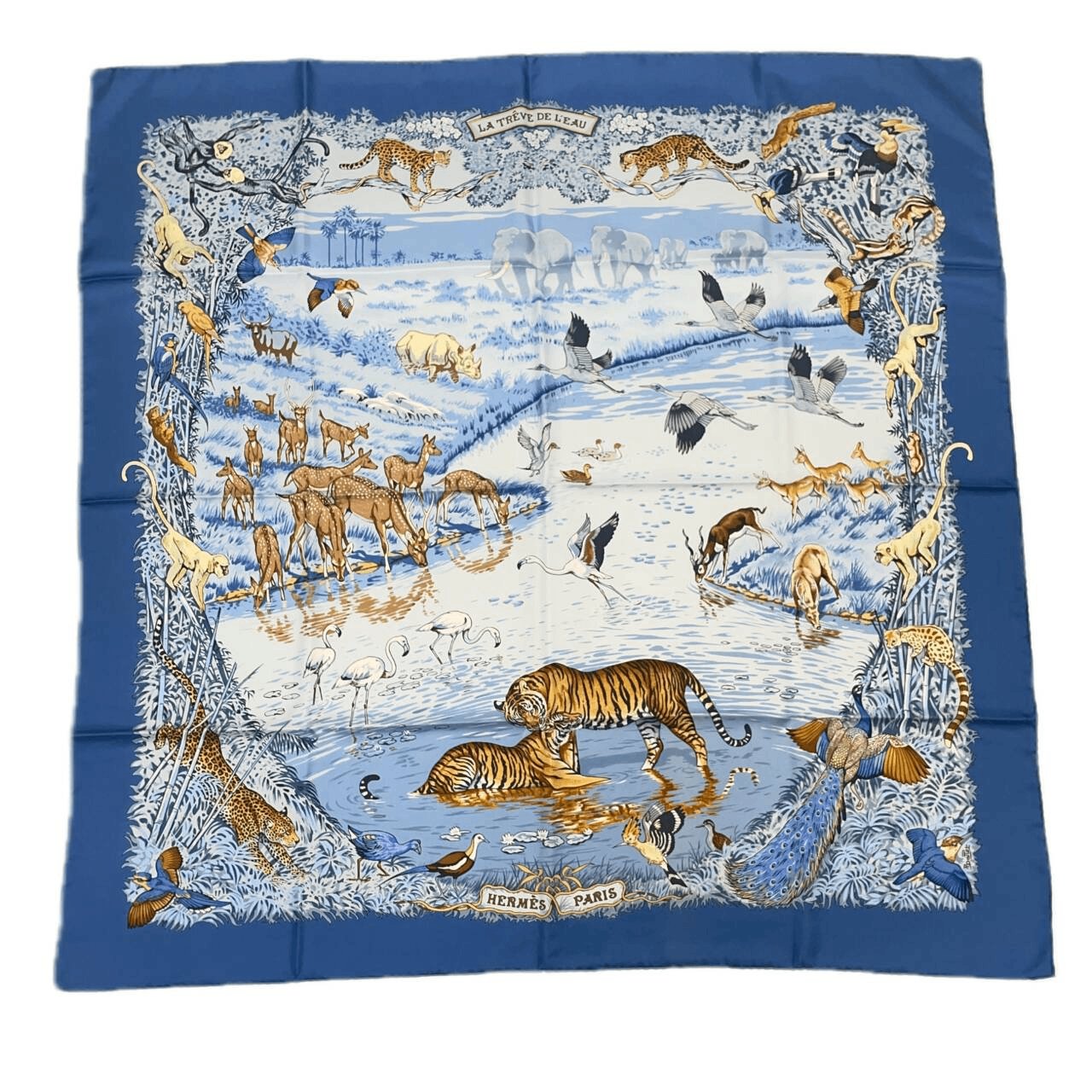 Hermes Super Rare Carre 90 la Treve de L Eau Water Truce Blue Silk 100% Scarf