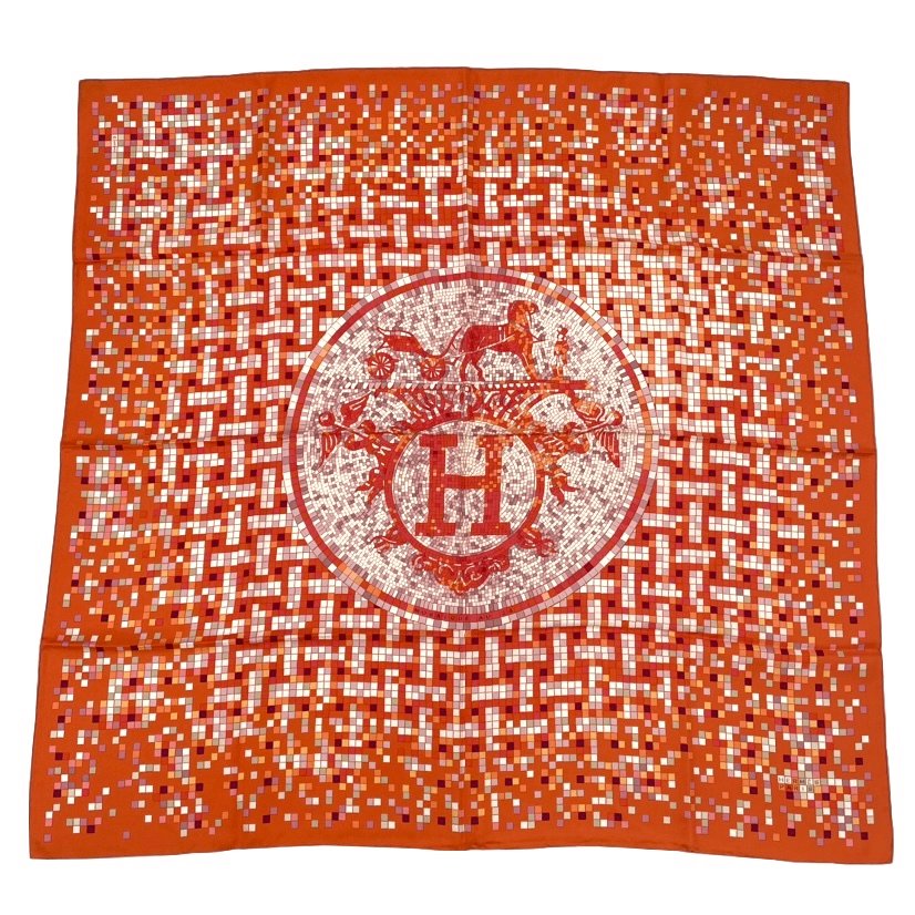 Hermes Scarf Carre 90 Silk Mosaic 24 Horse Pattern Orange Multicolor