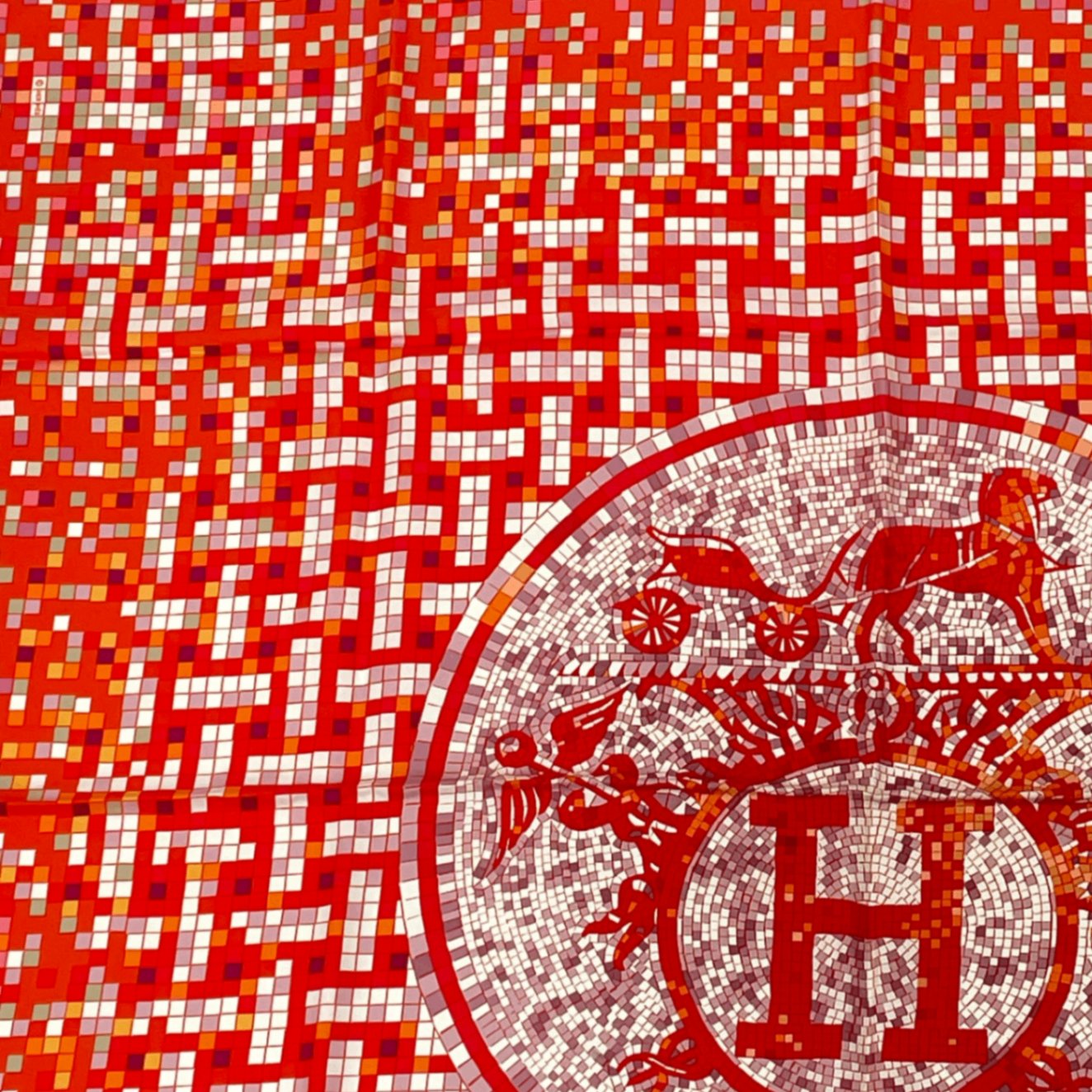 Hermes Scarf Carre 90 Silk Mosaic 24 Horse Pattern Orange Multicolor