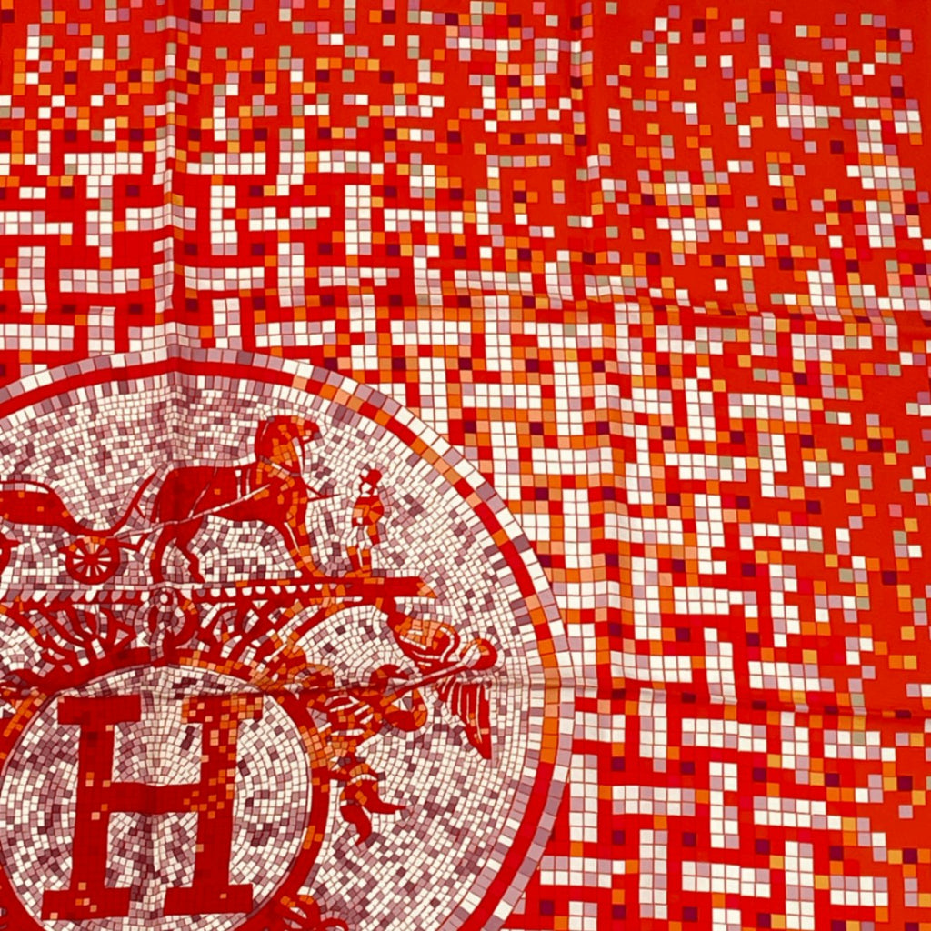 Hermes Scarf Carre 90 Silk Mosaic 24 Horse Pattern Orange Multicolor