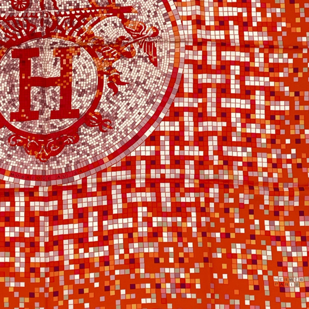 Hermes Scarf Carre 90 Silk Mosaic 24 Horse Pattern Orange Multicolor