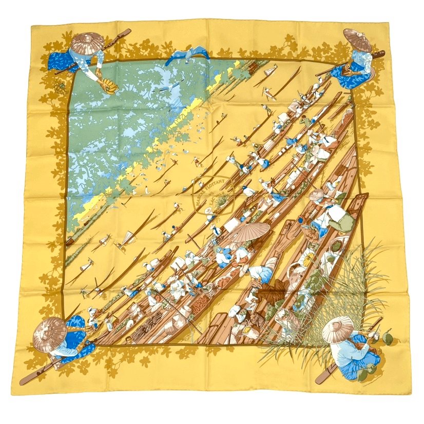 Hermes Scarf Carre 90 Orange Beige Lake Floating Market Silk 100% Marche