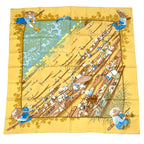Hermes Scarf Carre 90 Orange Beige Lake Floating Market Silk 100% Marche