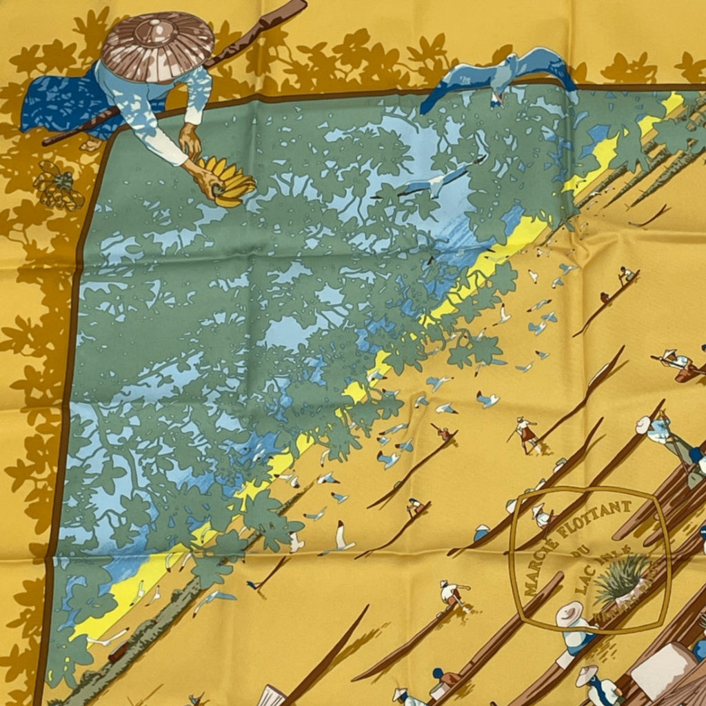 Hermes Scarf Carre 90 Orange Beige Lake Floating Market Silk 100% Marche