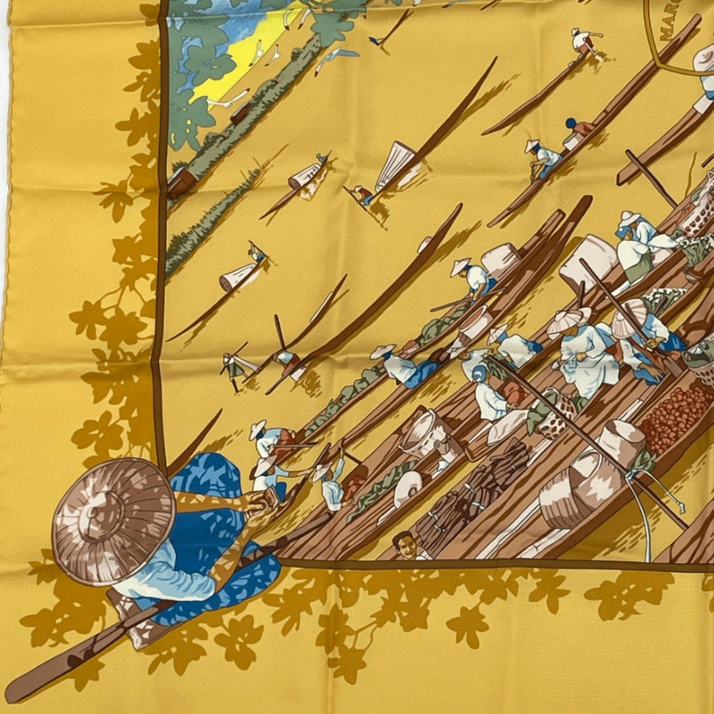 Hermes Scarf Carre 90 Orange Beige Lake Floating Market Silk 100% Marche