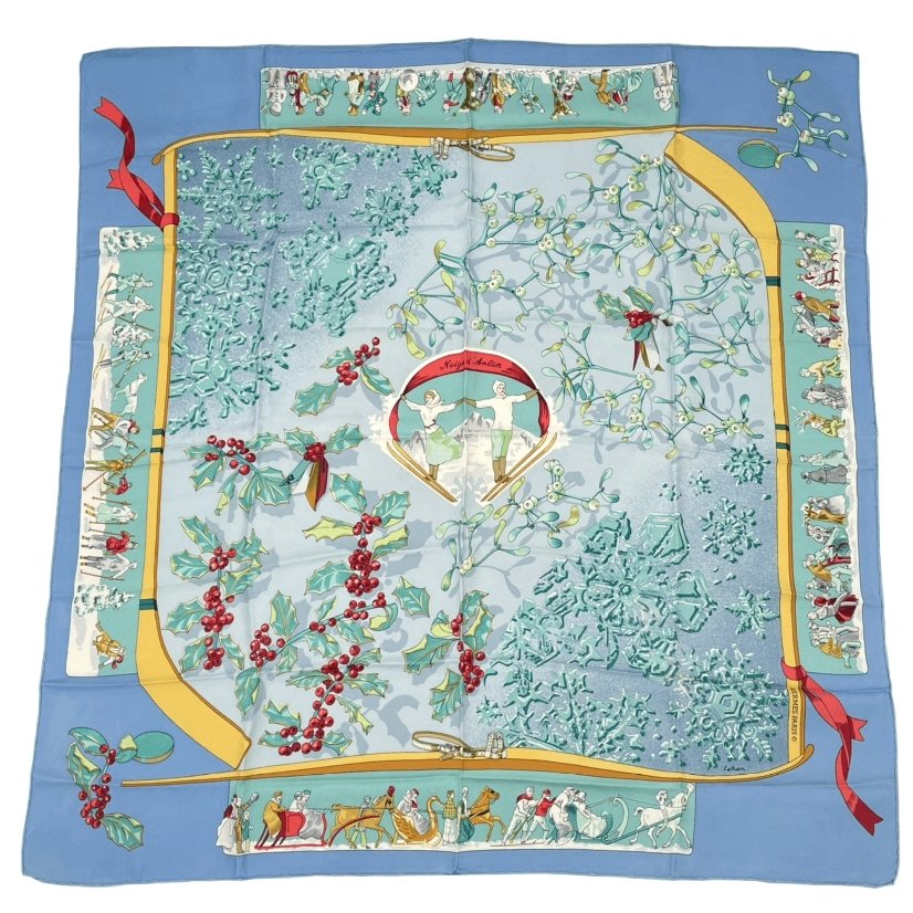 Hermes Carre 90 Neige D'antan Last Year's Snow Silk 100% Scarf Blue
