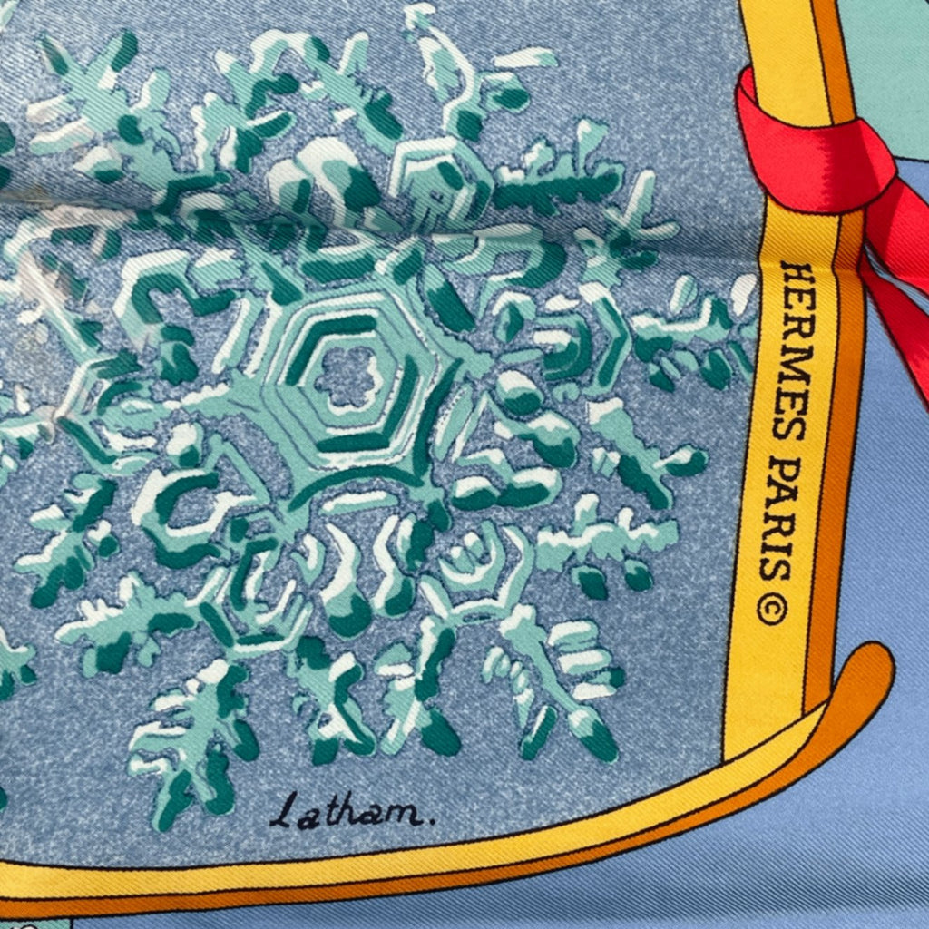 Hermes Carre 90 Neige D'antan Last Year's Snow Silk 100% Scarf Blue