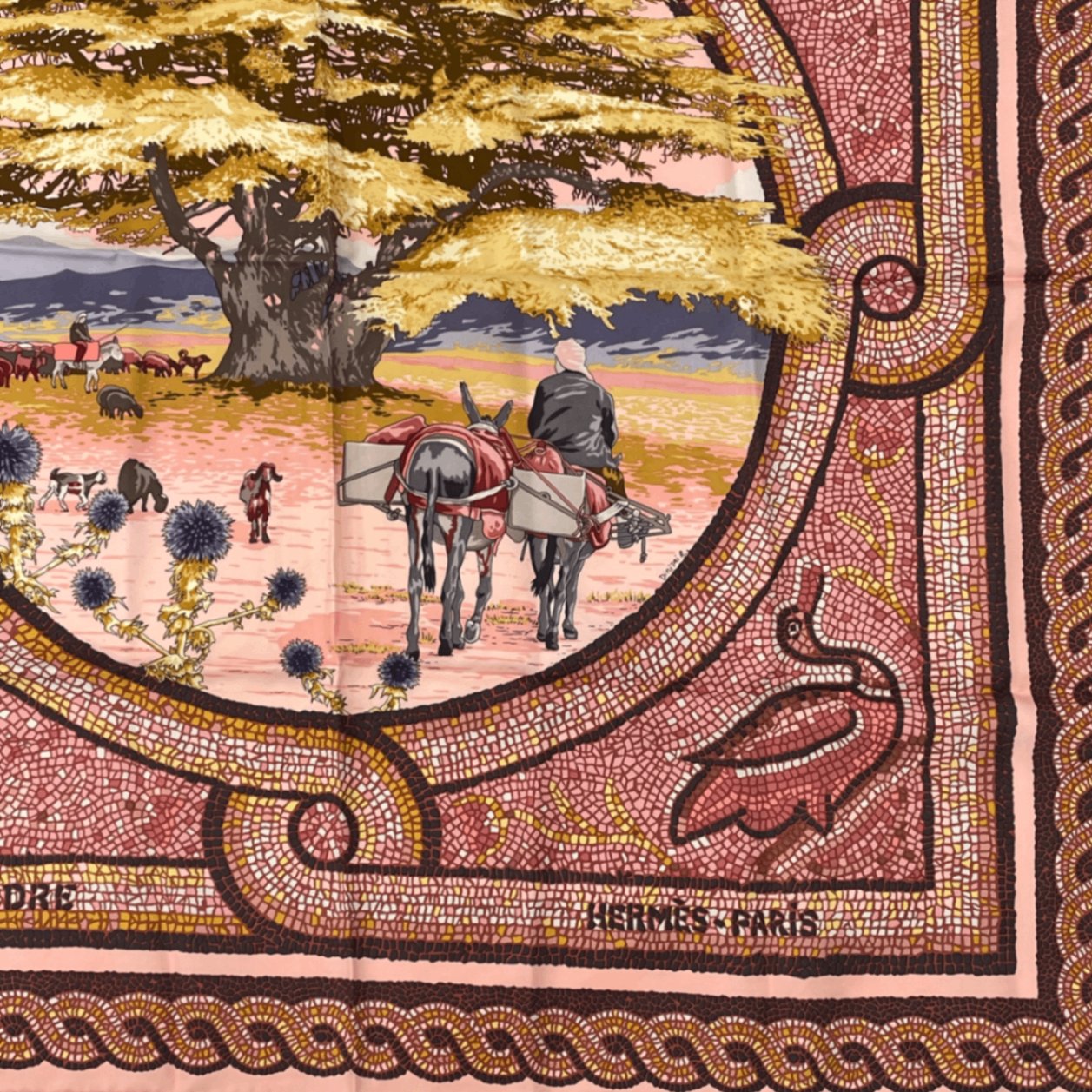 Hermes Carre 90 Under The Cedar Sous le Cedre Silk Scarf Pink