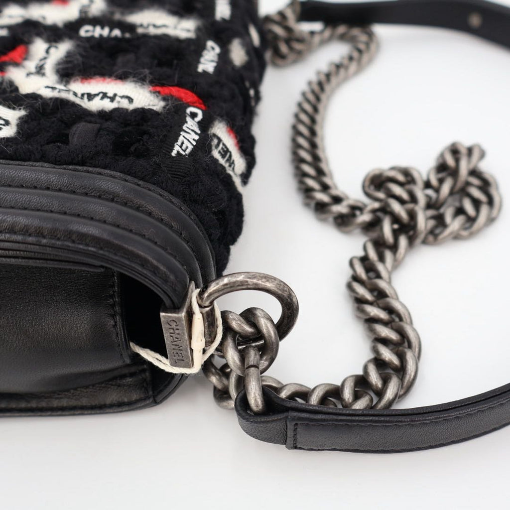 Chanel Chane Tweed Lambskin Boy Braided Logo Mark Chain Shoulder Bag Black