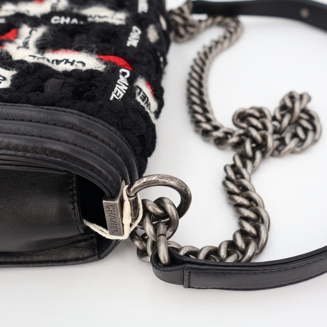 Chanel Chane Tweed Lambskin Boy Braided Logo Mark Chain Shoulder Bag Black