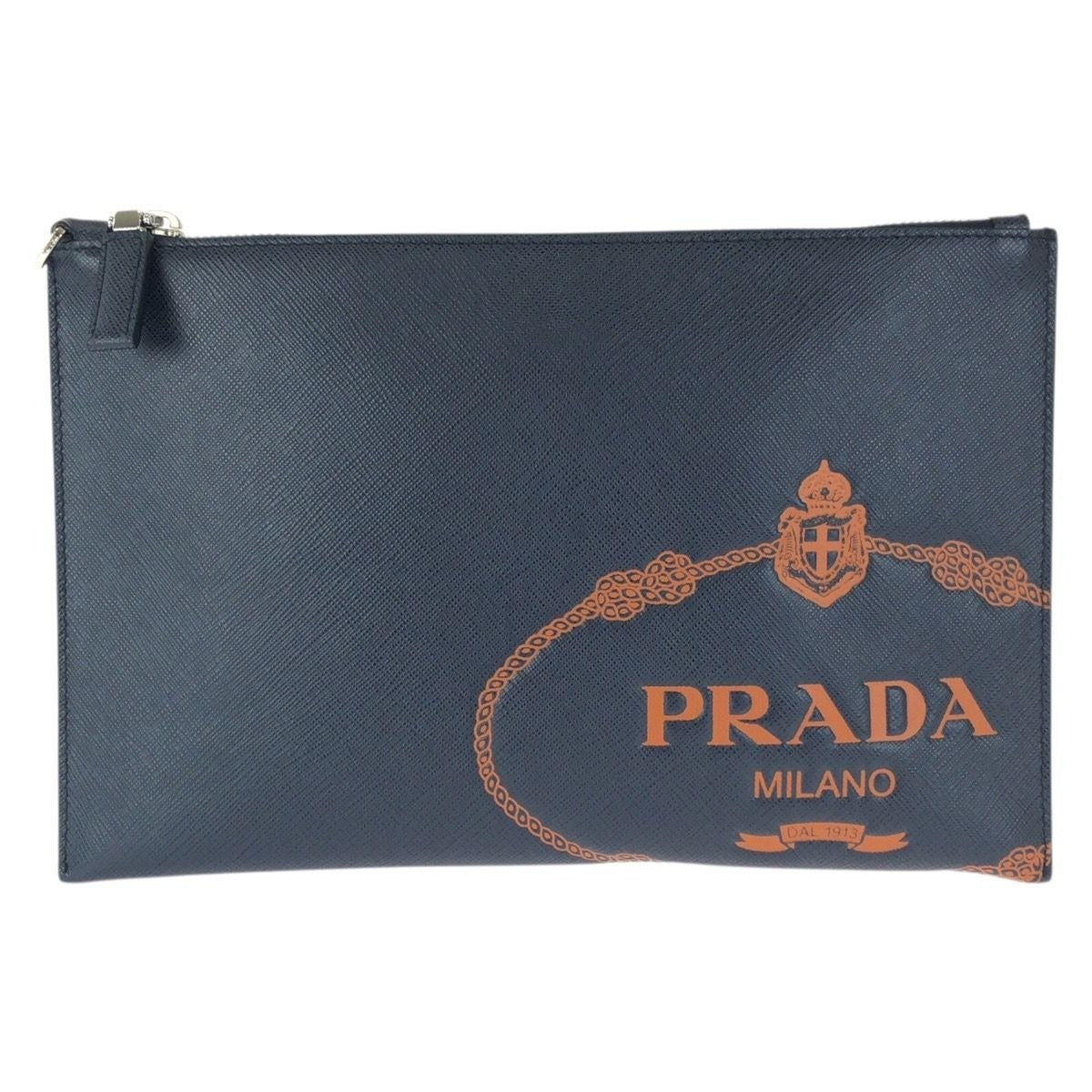 Prada Saffiano Navy Orange Silver Leather Clutch Navyorange
