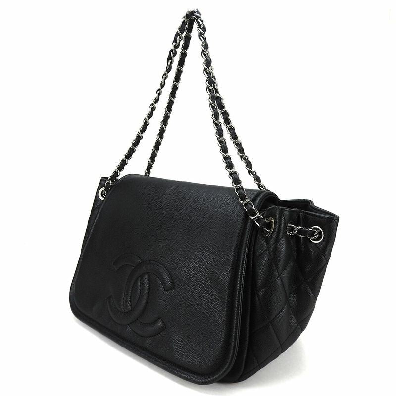 Chanel Shoulder Bag Chain Caviar Leather Black Silver Hardware