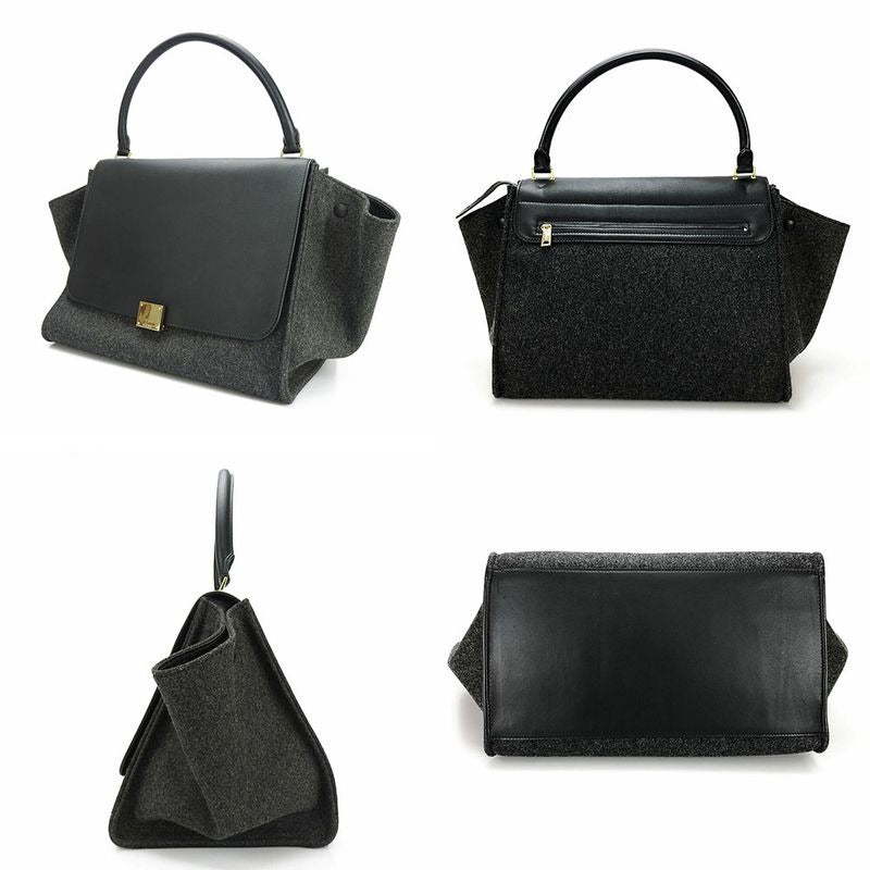 Celine Handbag Trapeze Leather Wool Black Gray