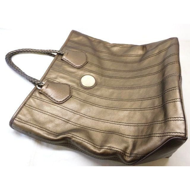 Celine Leather Tote Bronze Color Striped Stitch Logo Plate Shoulder Bag — view 2