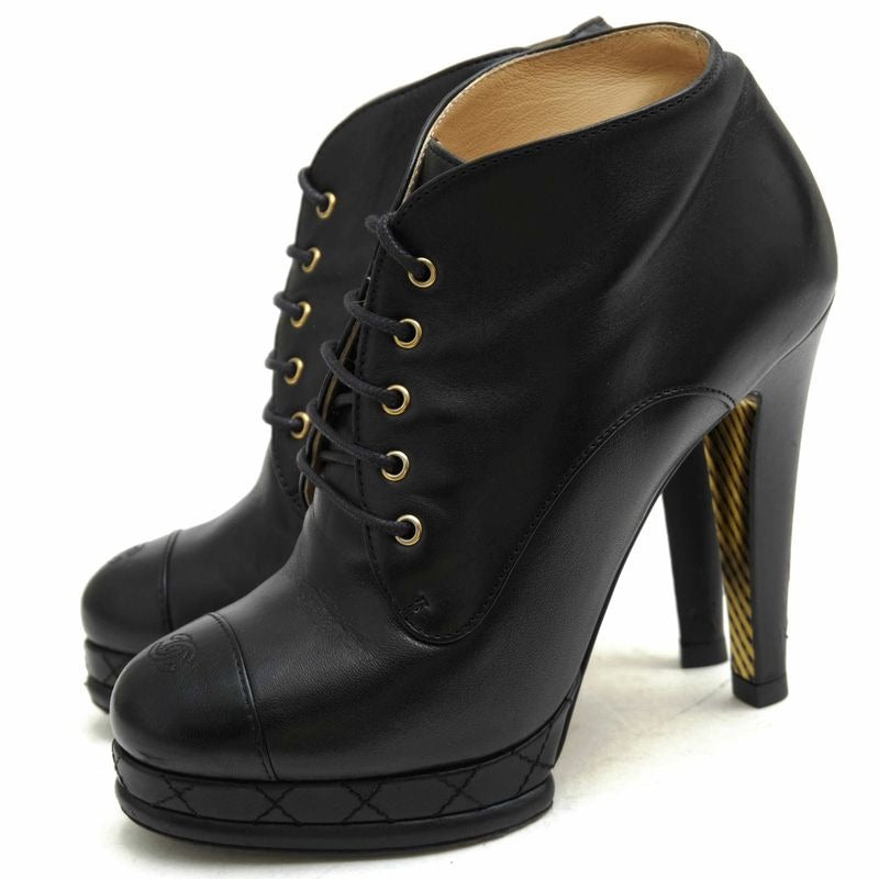 Chanel Booties Short Boots Shoes Women Leather Black Coco Mark
