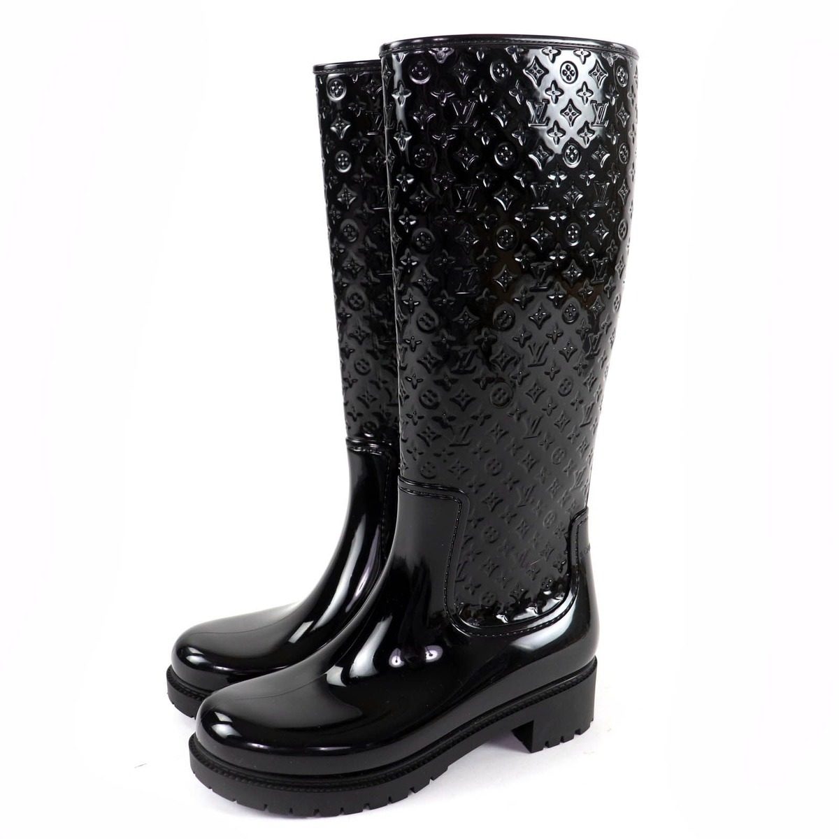 Louis Vuitton Splash Line Monogram Rubber Rain Boots Long Black