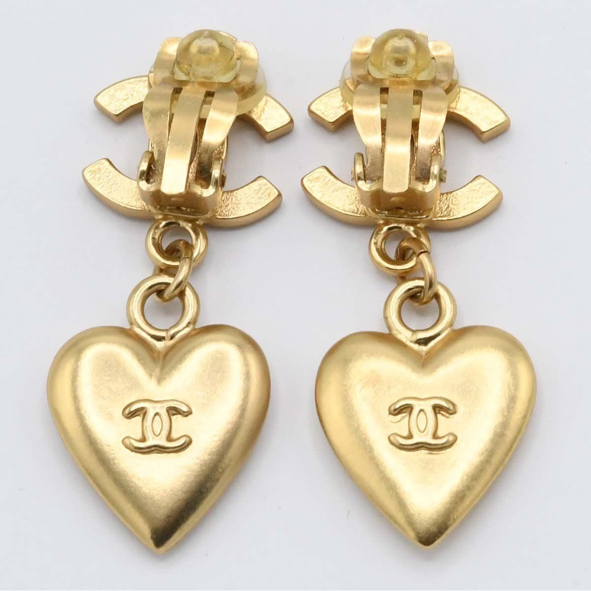 Chanel Earrings Heart Rhinestone CC Logo 02 P Gold