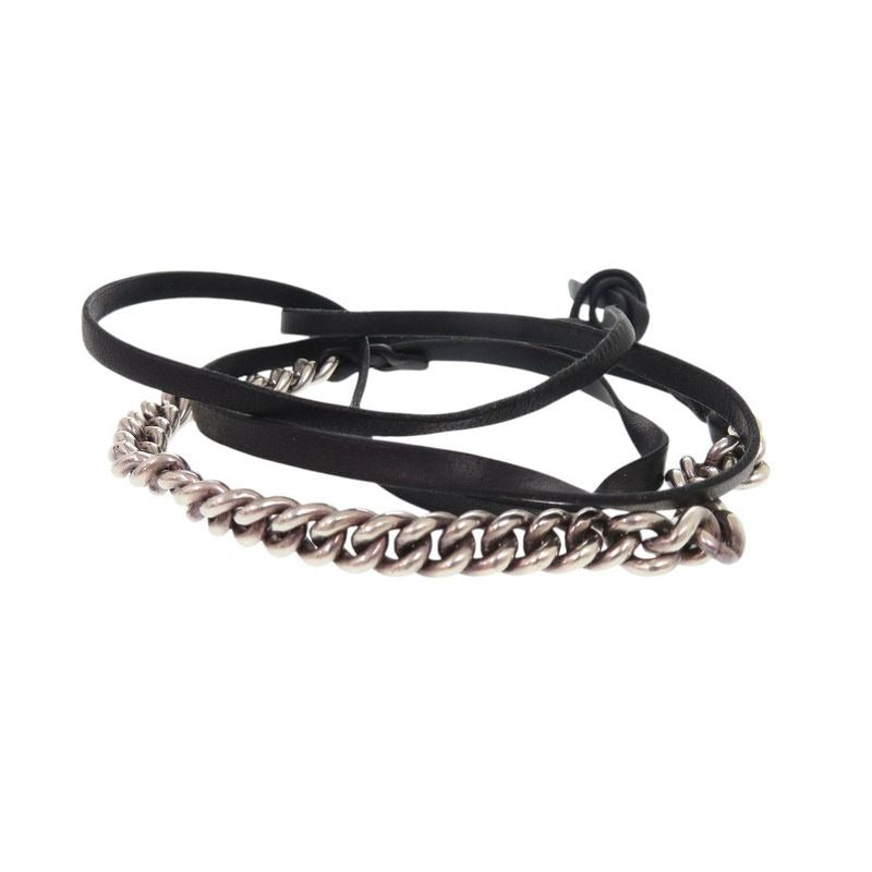 Hermes Vintage Chain Silver 925 Leather Bracelet Black 1312 — view 2