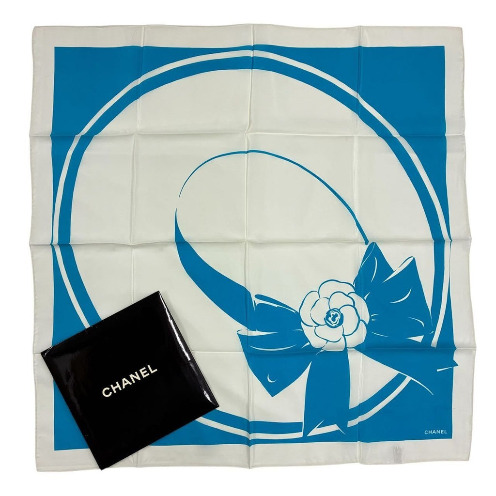 Chanel Large Scarf CC Logo 100% Silk Blue White
