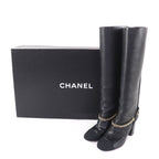Chanel CC Logo Chain Decoration Chunky Heel Leather Long Boots — view 2