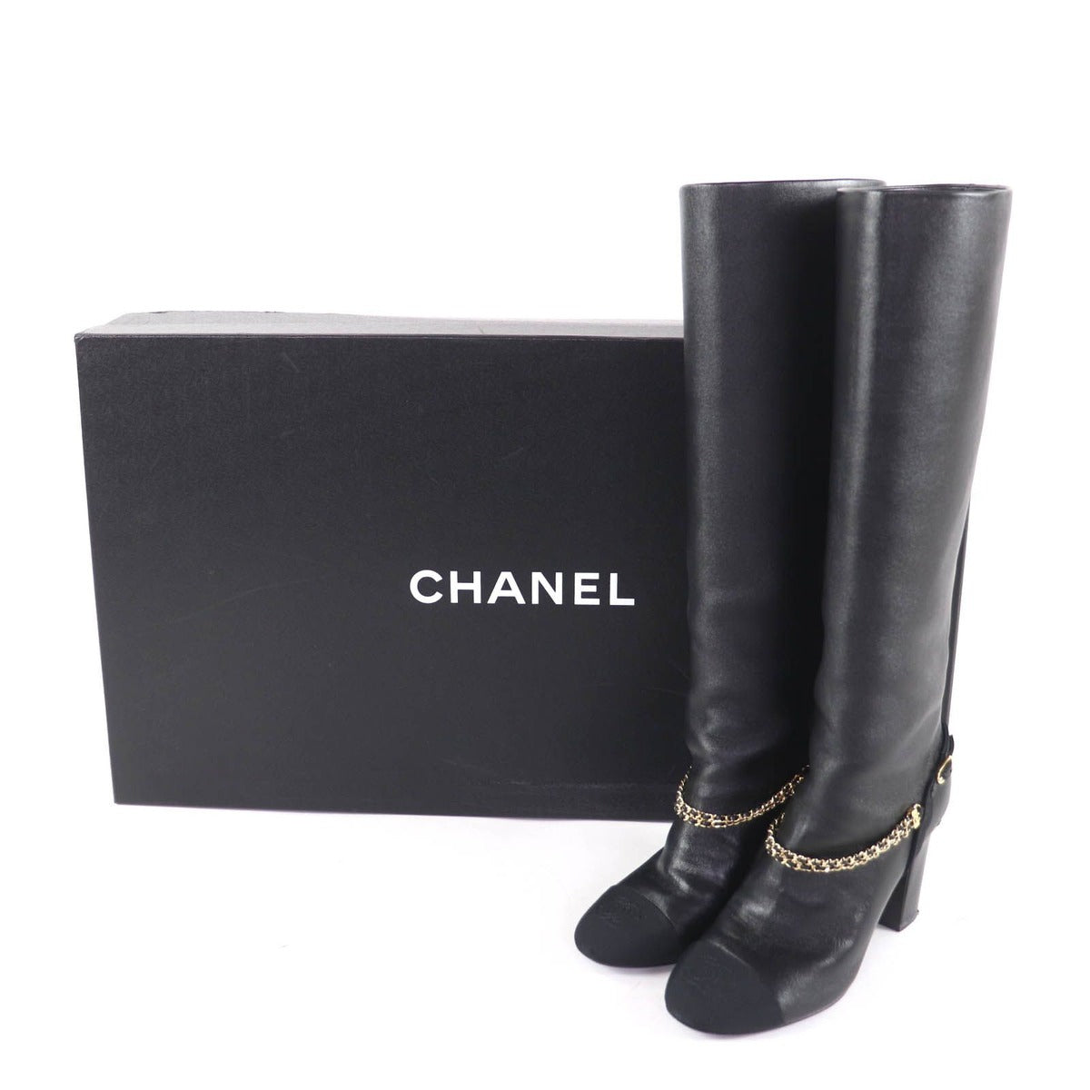Chanel CC Logo Chain Decoration Chunky Heel Leather Long Boots — view 2