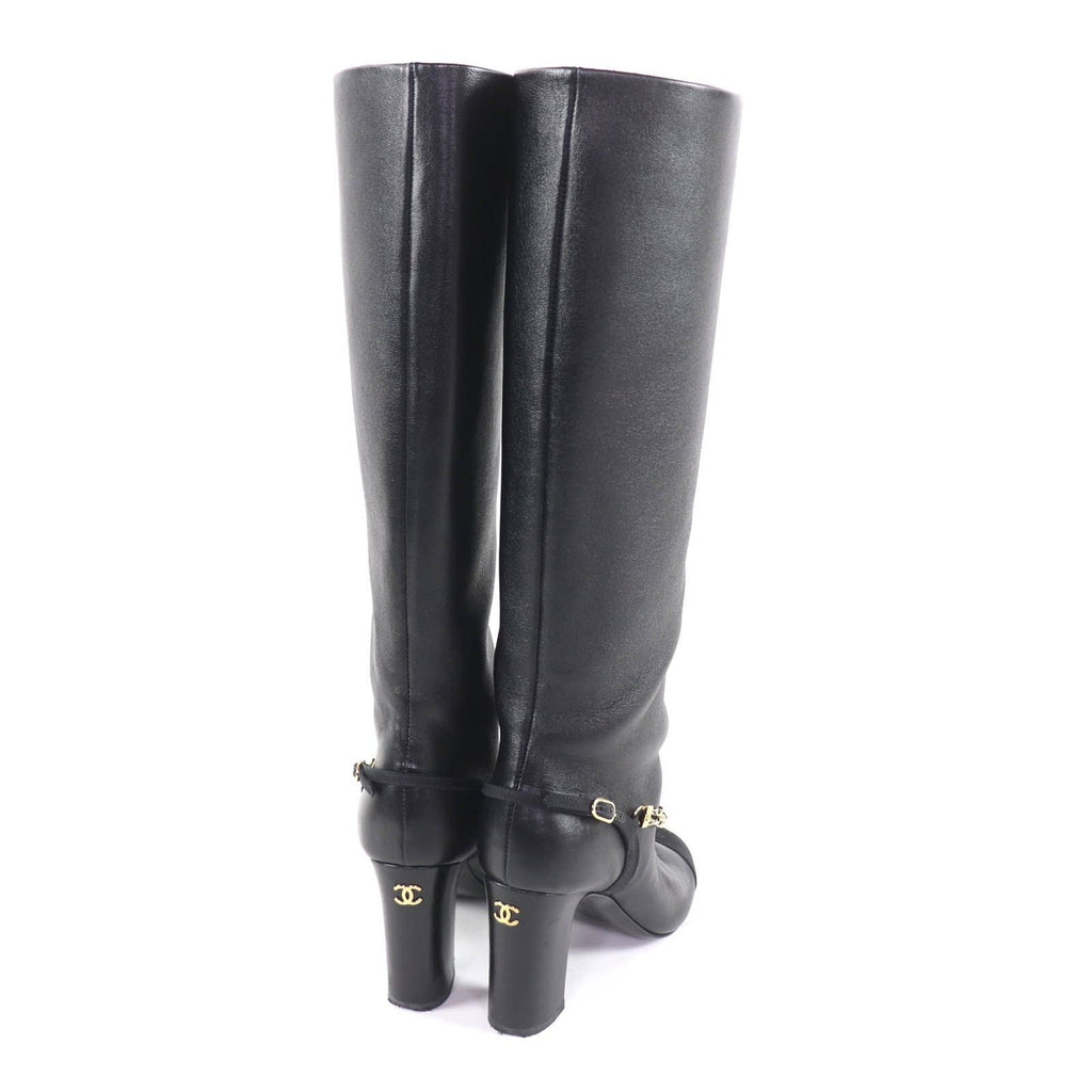 Chanel CC Logo Chain Decoration Chunky Heel Leather Long Boots — view 3