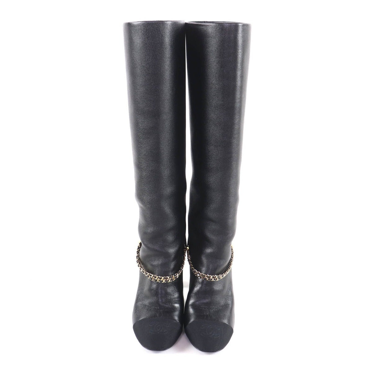 Chanel CC Logo Chain Decoration Chunky Heel Leather Long Boots — view 4