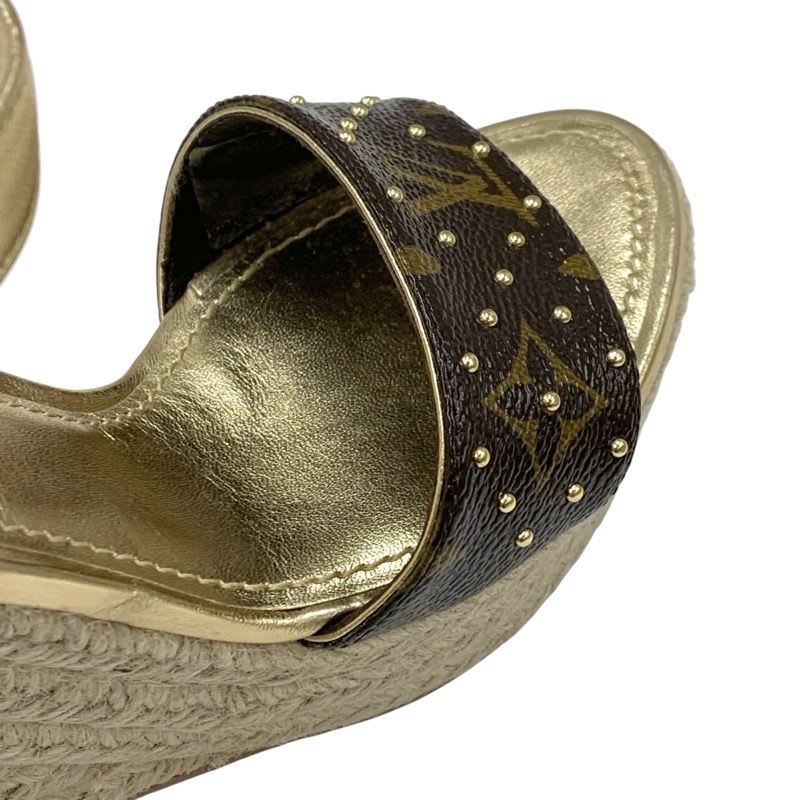 Louis Vuitton Starboard Line Monogram Sandals Shoes Leather Gold Brown Wedge — view 9
