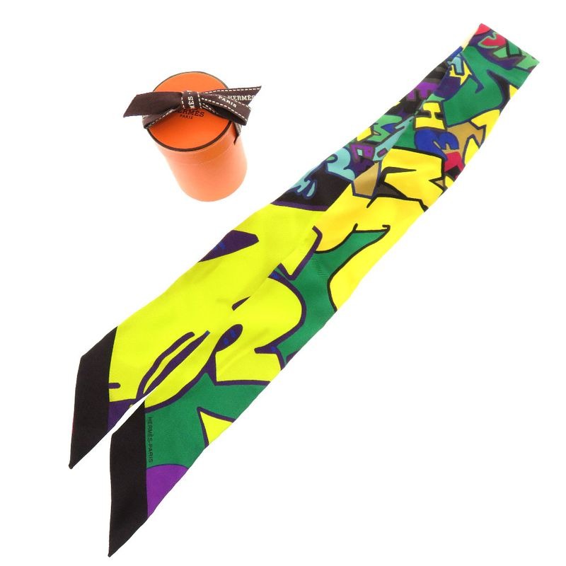 Hermes Twilly Graffiti Silk Yellow Green Scarf 1234