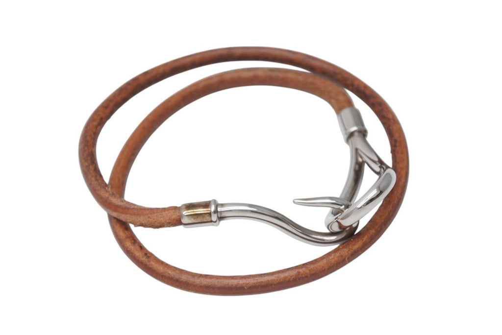 Hermes Jumbo Choker Necklace Bracelet Leather Brown Silver — view 2