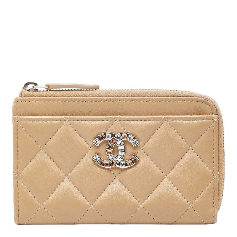 Chanel Quilted CC Logo Coin Case Card Fragment Beige Lambskin Rhinestone