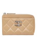 Chanel Quilted CC Logo Coin Case Card Fragment Beige Lambskin Rhinestone