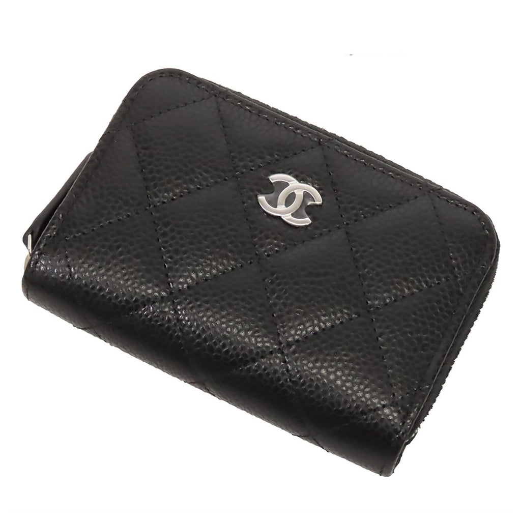 Chanel Classic Zip Coin Purse AP Black Silver Caviar Leather Quilted Bifold