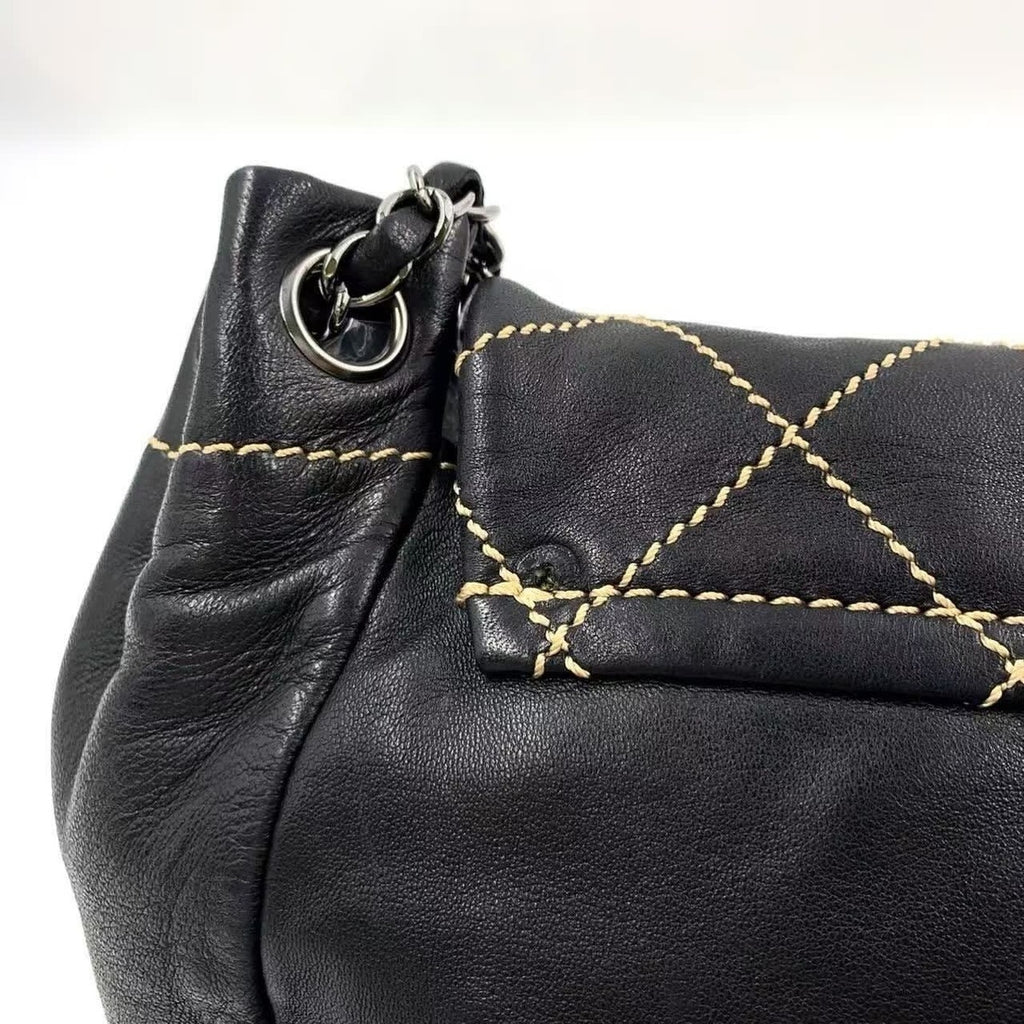 Chanel Lambskin Contrast Wild Stitch Surpique Accordion Flap Bag Black — view 5