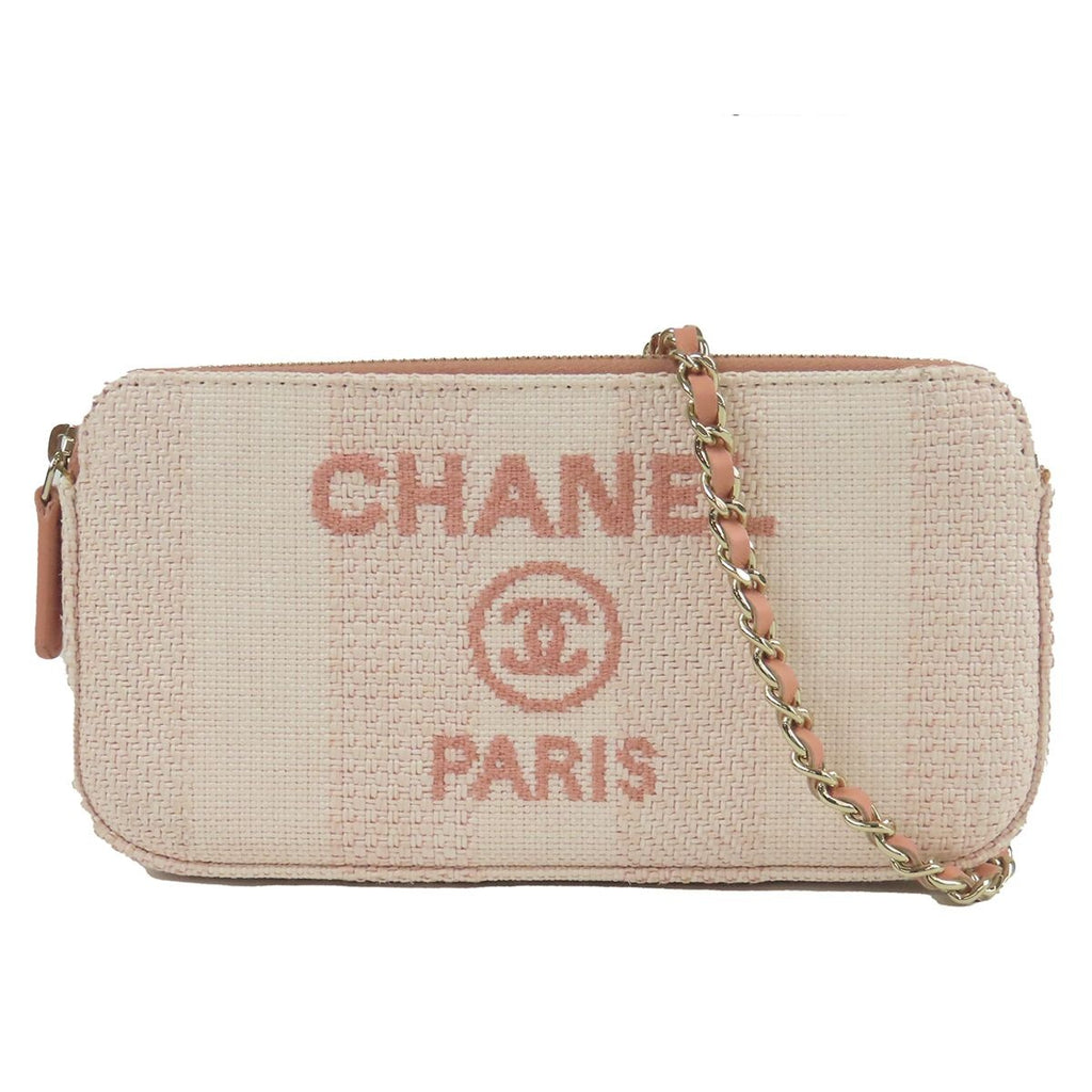 Chanel Deauville Chain Wallet Salmon Pink Gold Canvas Leather Shoulder Bag
