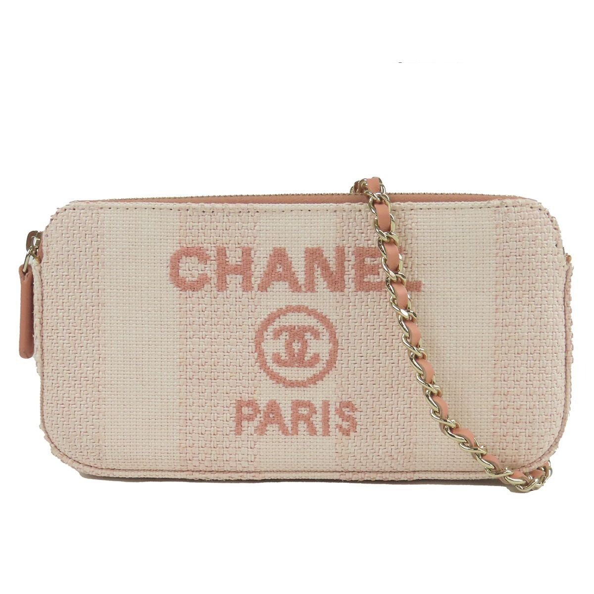 Chanel Deauville Chain Wallet Salmon Pink Gold Canvas Leather Shoulder Bag
