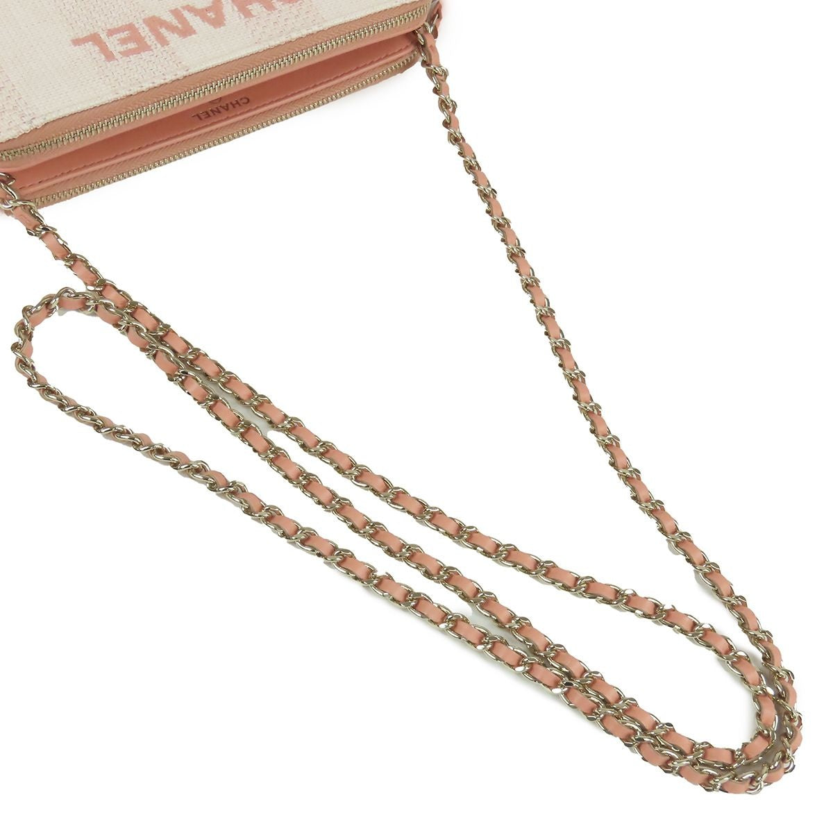 Chanel Deauville Chain Wallet Salmon Pink Gold Canvas Leather Shoulder Bag — view 4