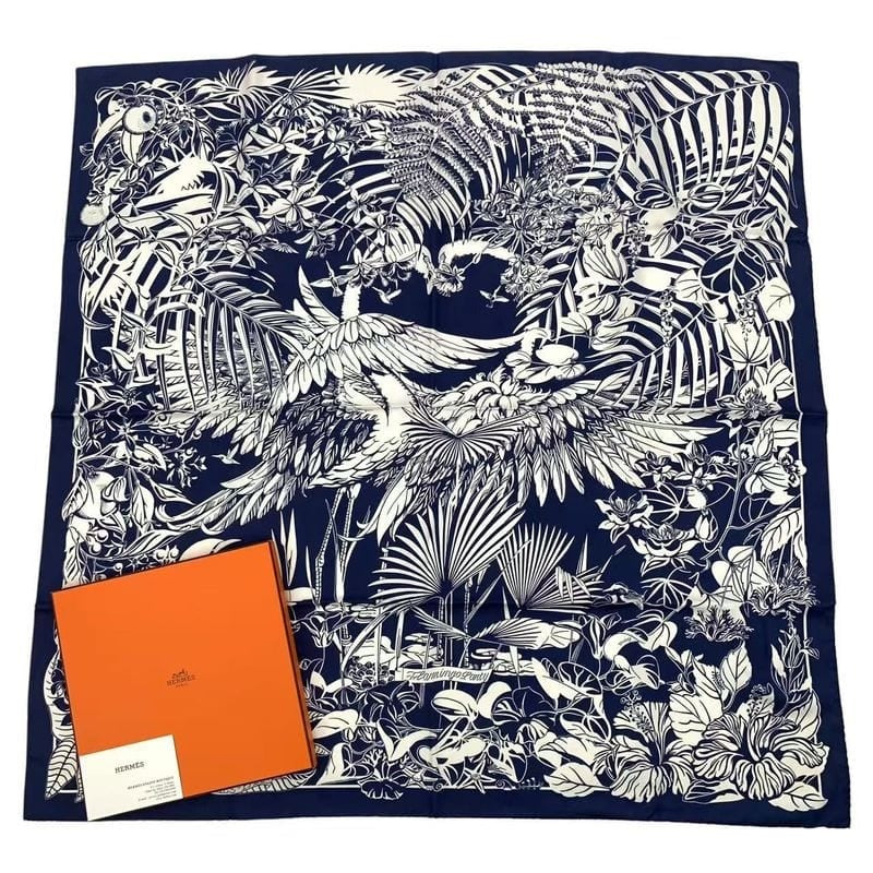 Hermes Carre 90 Scarf Silk Flamingo Party Bee Pattern White