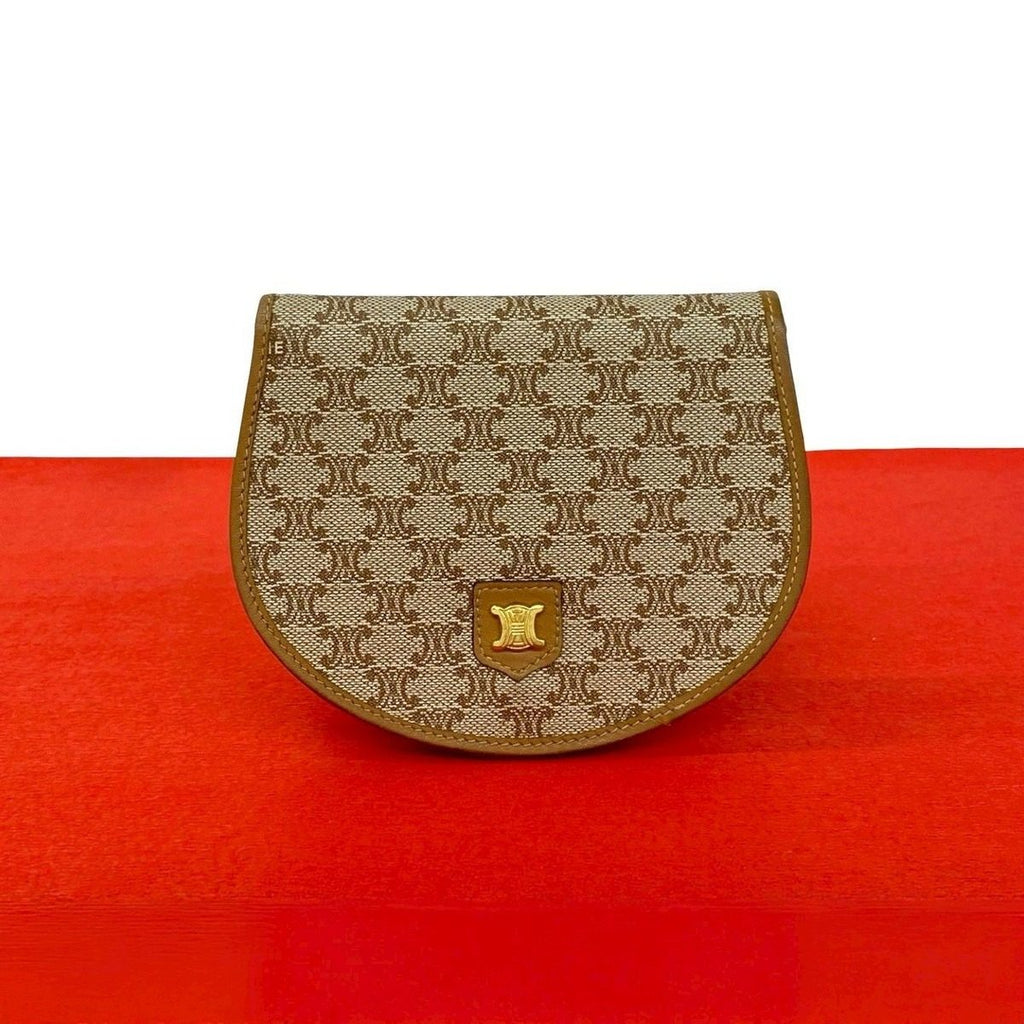 Celine Macadam Pattern Leather Bifold Wallet Compact Coin Purse Bill Brown Beige