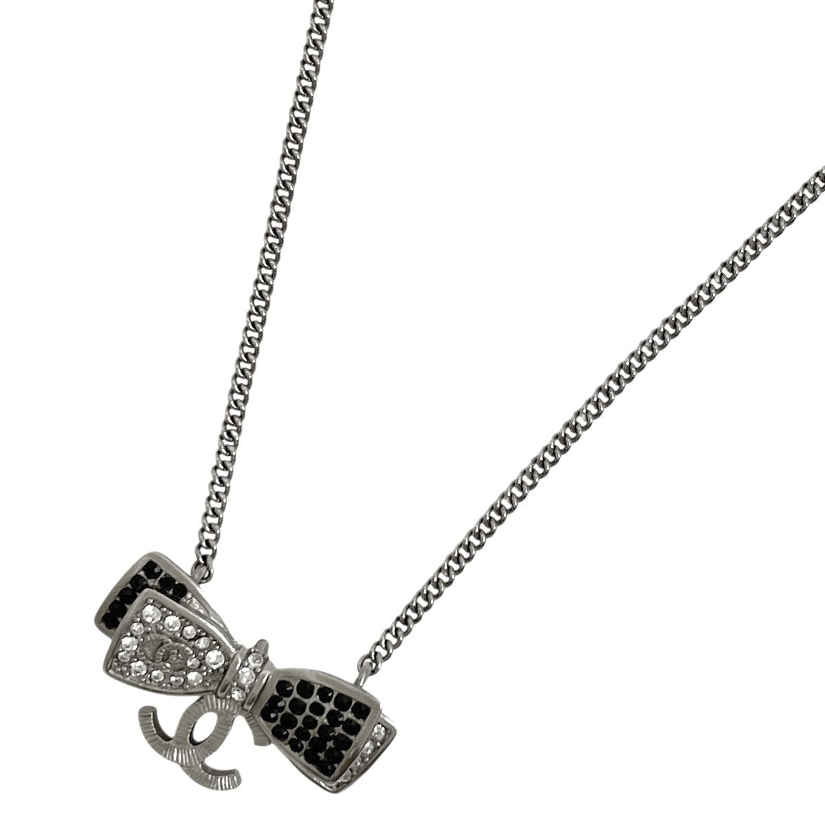 Chanel CC Logo Ribbon Motif Necklace Silver Plated