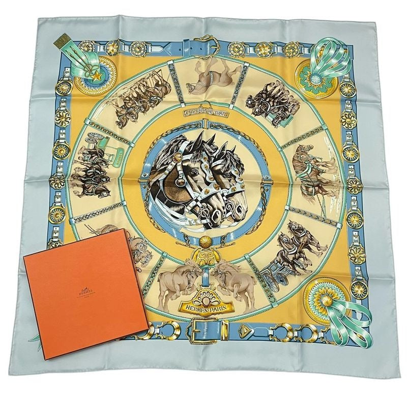 Hermes Carre 90 Chevaux de Trait Horse Silk Scarf Blue