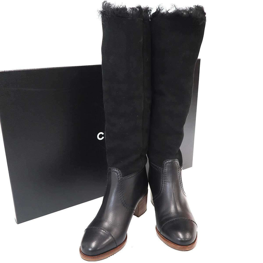 Chanel CC Logo Mouton Leather Long Boots Black 37