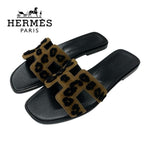 Hermes Oran Sandals Shoes Chevre Brown Black Leopard