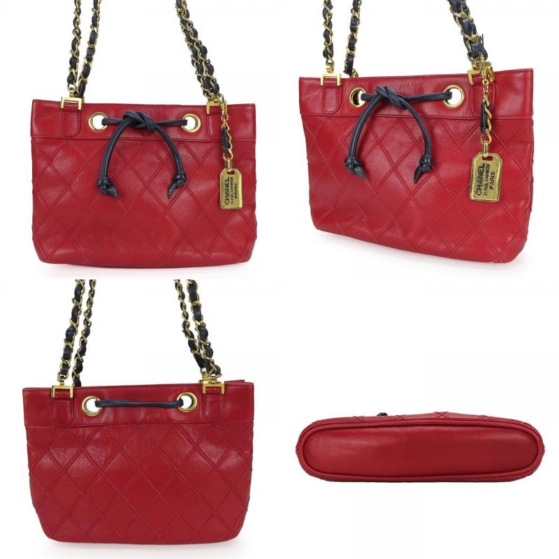 Chanel Shoulder Bag Bicolore Chain Lambskin Red Gold Hardware Mini Drawstrin