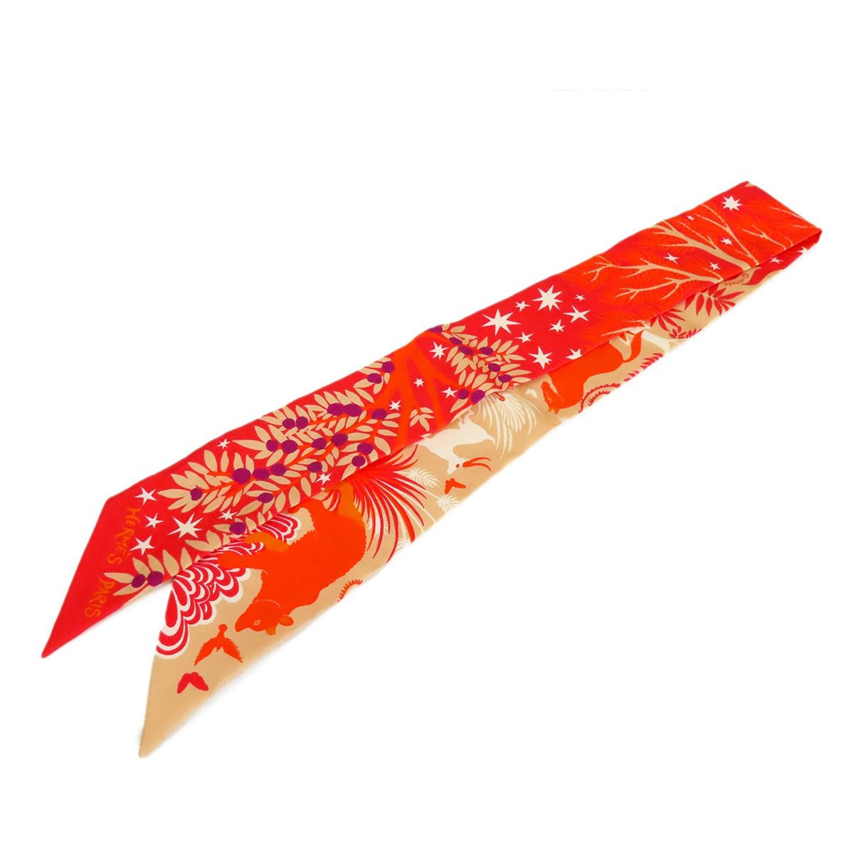 Hermes Twilly Red Beige Silk Attracted by the Charm of Orpheus Scarf